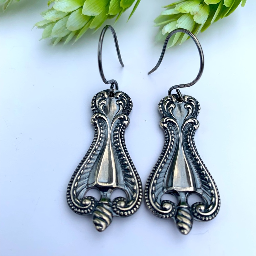 Sterling Spoon Earrings Antique Oranate Victorian Boho Bohemian Hippie Unique